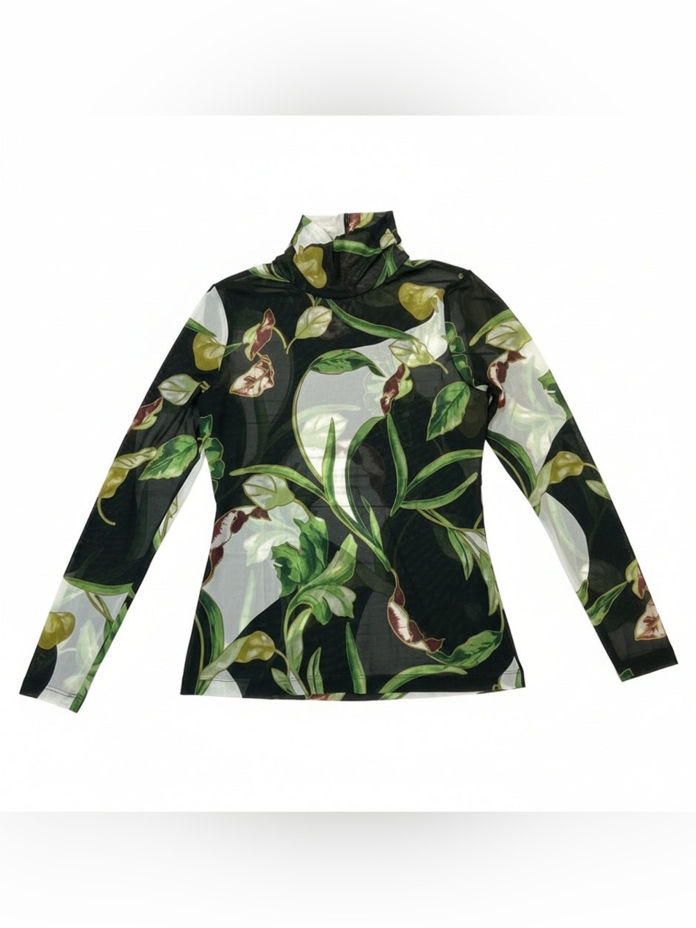 White House Black Market Black Sheer Blouse with Green Leaf Print